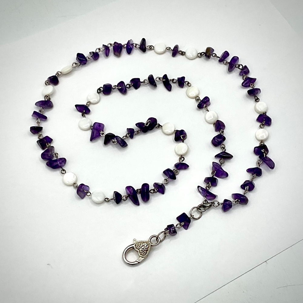 LANYARD NECKLACE Amethyst Chip Beads and Mother of Pearl Beads  30”